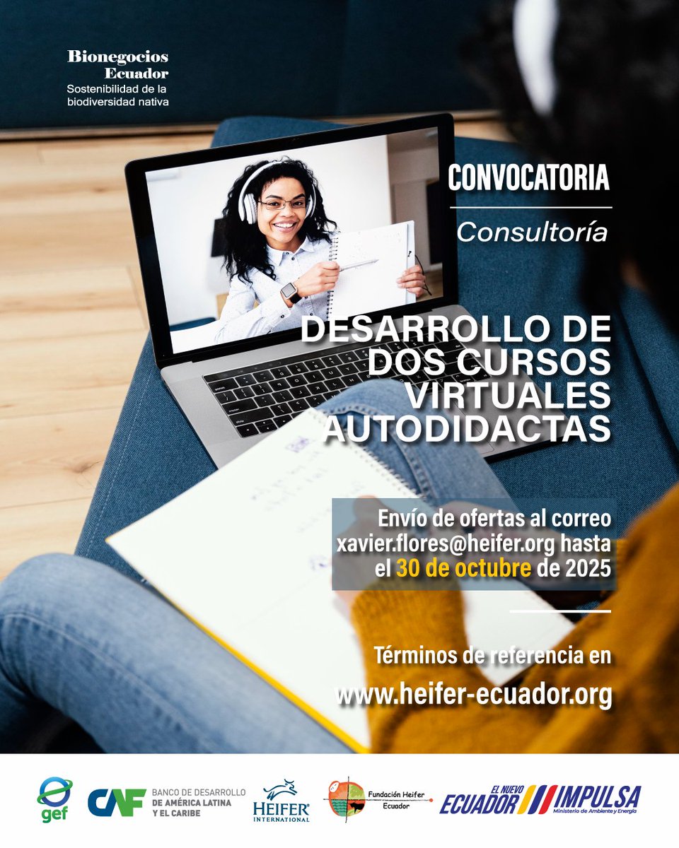 HeiferEcuador's tweet image. AMPLIACIÓN DE PLAZO! 💡 Aplica a la consultoría para el Desarrollo de dos cursos virtuales autodidactas.
🗓️Fecha límite: 30 de octubre.
🔗 Revisa los TDR aquí bit.ly/3WlOiT2
#Convocatoria #Consultoría #Elearning
@EcuadorMAE ,@theGEF , @AgendaCAF