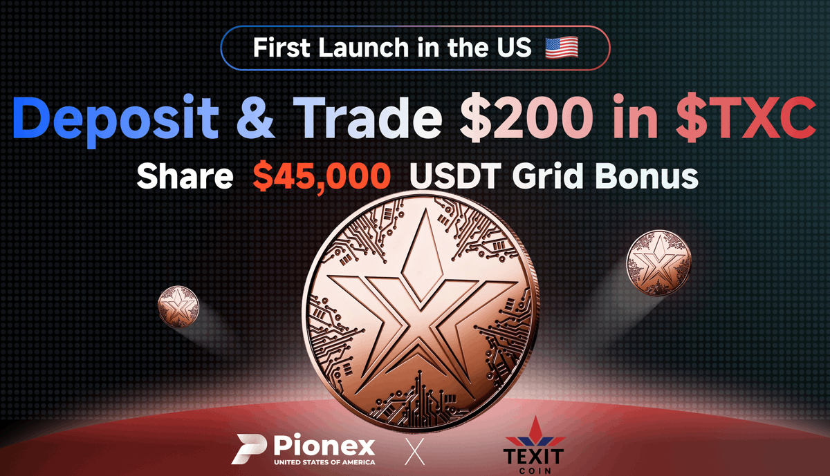joinwebot's tweet photo. 🎉 We’re celebrating the First US Launch of $TXC @TEXITcoin on #PionexUS 🇺🇸

📈 Deposit &amp; trade $200 in $TXC to share a $45,000 USDT Grid Bonus!

⬇️ Join now and be part of the future of the digital economy 💥
🔗 https://t.co/4LwQrinKkc

#TXC #Crypto #CryptoTrading #CryptoRewards https://t.co/MPMMBwneK3