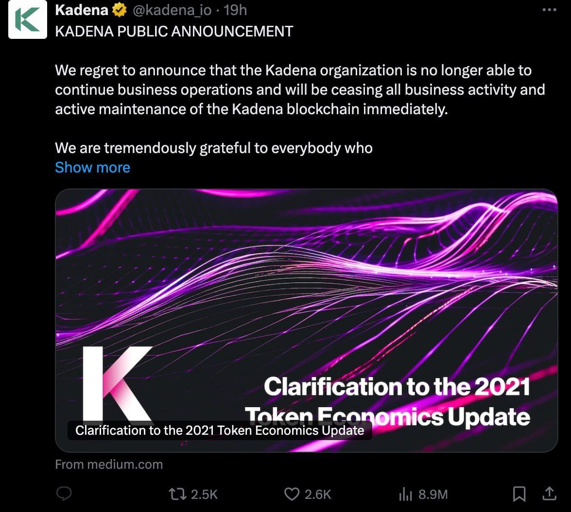 🚨 JUST IN: Kadena has announced an immediate shutdown due to harsh market conditions.

$KDA crashed 60% in just 90 minutes after the news. 😬📉