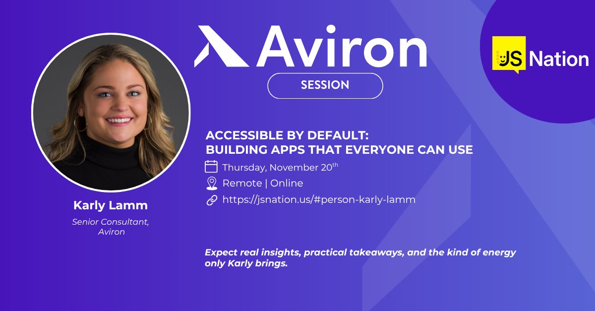 🎤 Big news: Aviron’s own, Karly Lamm, is speaking at JSNation 2025 on “Accessible by Default: Building Apps That Everyone Can Use”!

At Aviron we build software that works for everyone and Karly is leading the charge. Don’t miss this talk. #Accessibility #InclusiveTech #JSNation
