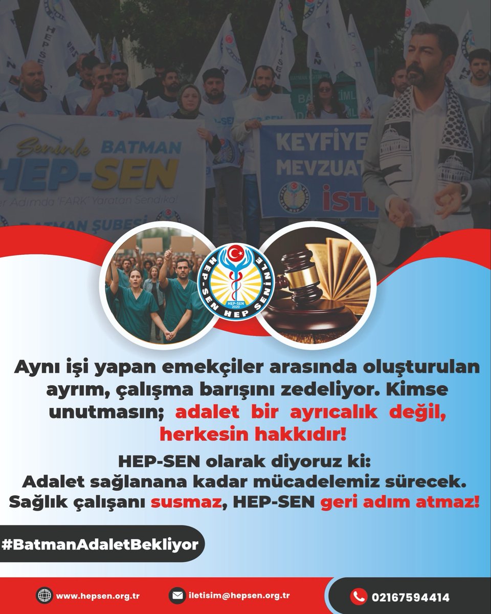 Aynı işi yapan emekçiler arasında oluşturulan ayrım, çalışma barışını zedeliyor.
Kimse unutmasın; adalet bir ayrıcalık değil, herkesin hakkıdır!

HEP-SEN olarak diyoruz ki:
Adalet sağlanana kadar mücadelemiz sürecek. Sağlık çalışanı susmaz, 

HEP-SEN geri adım atmaz!