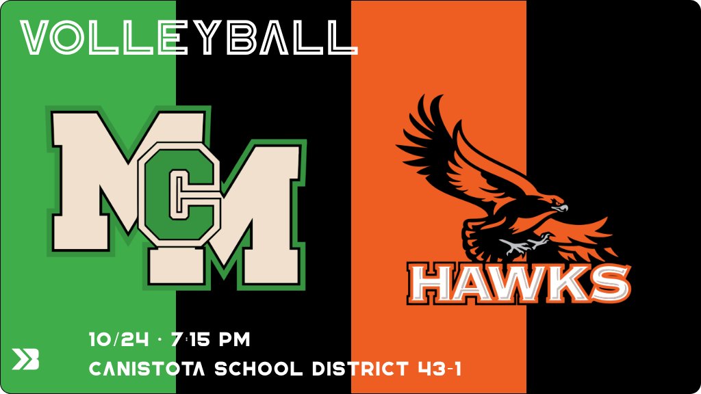 Volleyball (Varsity) Game Day! - Check out the event preview for the The McCook Central/Montrose Fighting Cougars vs The Canistota Hawks. It starts at 7:15 PM and is at Canistota School District 43-1. gobound.com/sd/sdhsaa/voll…