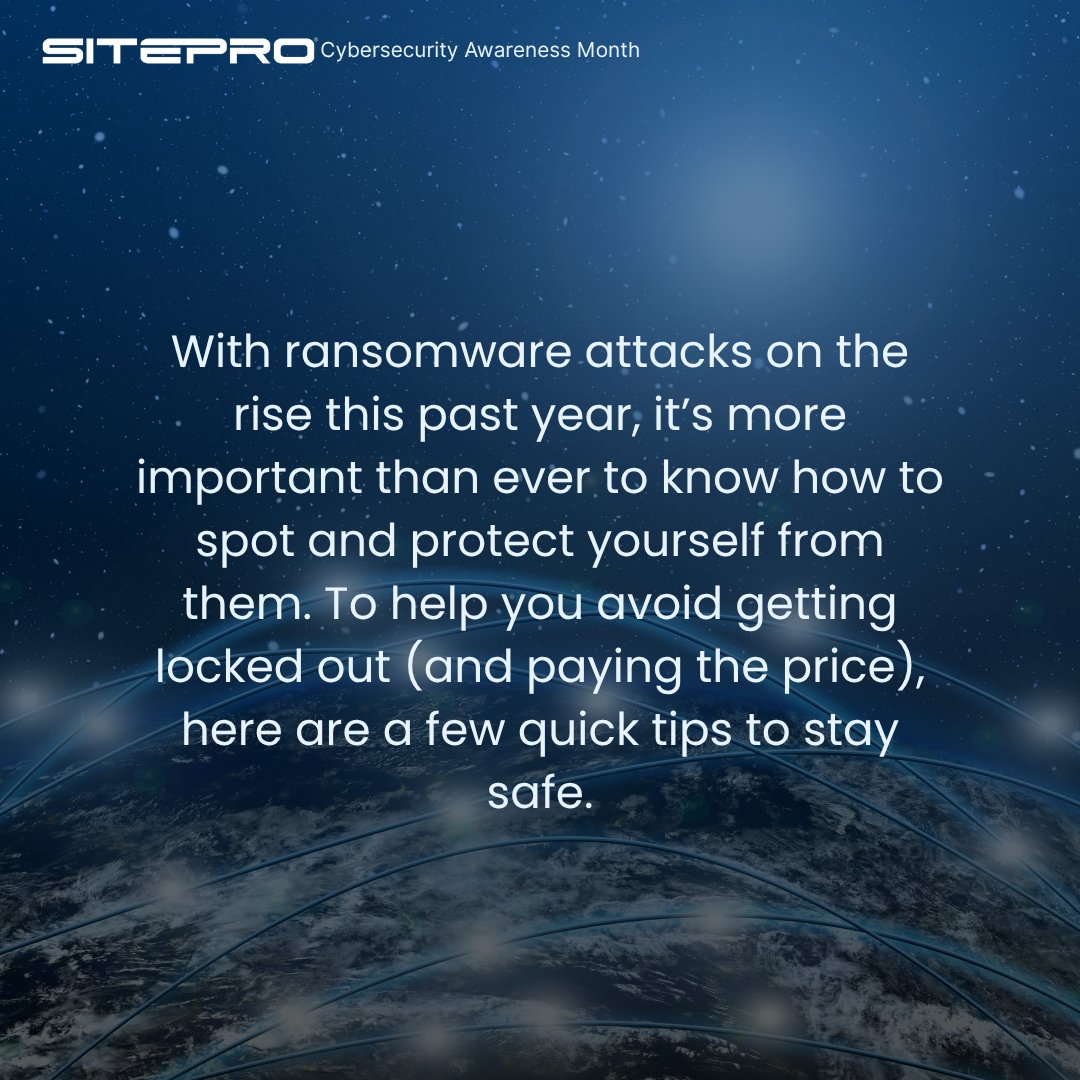 SitePro's tweet image. Cybersecurity isn’t optional, it’s essential. 💻🔐
Stay protected from ransomware threats with these key tips during #CybersecurityMonth.
#RansomwareProtection #CyberSmart #DataProtection