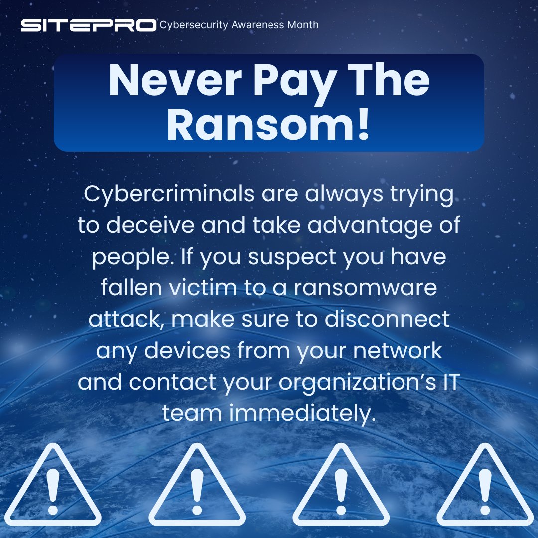 SitePro's tweet image. Cybersecurity isn’t optional, it’s essential. 💻🔐
Stay protected from ransomware threats with these key tips during #CybersecurityMonth.
#RansomwareProtection #CyberSmart #DataProtection