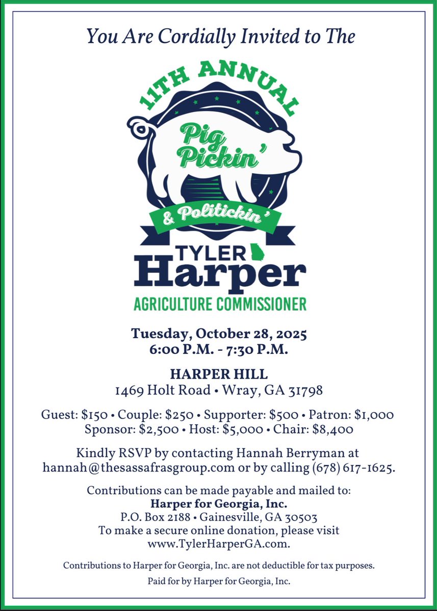 Tyler Harper (@tylerharperga) on Twitter photo We are thrilled to host our 11th Annual Pig, Pickin’ & Politickin’ event next week at our family farm in Ocilla! 
Come on out and join us next Tuesday evening for live music, great local food, and plenty of Politickin. We are thrilled to host our 11th Annual Pig, Pickin’ & Politickin’ event next week at our family farm in Ocilla! 
Come on out and join us next Tuesday evening for live music, great local food, and plenty of Politickin.