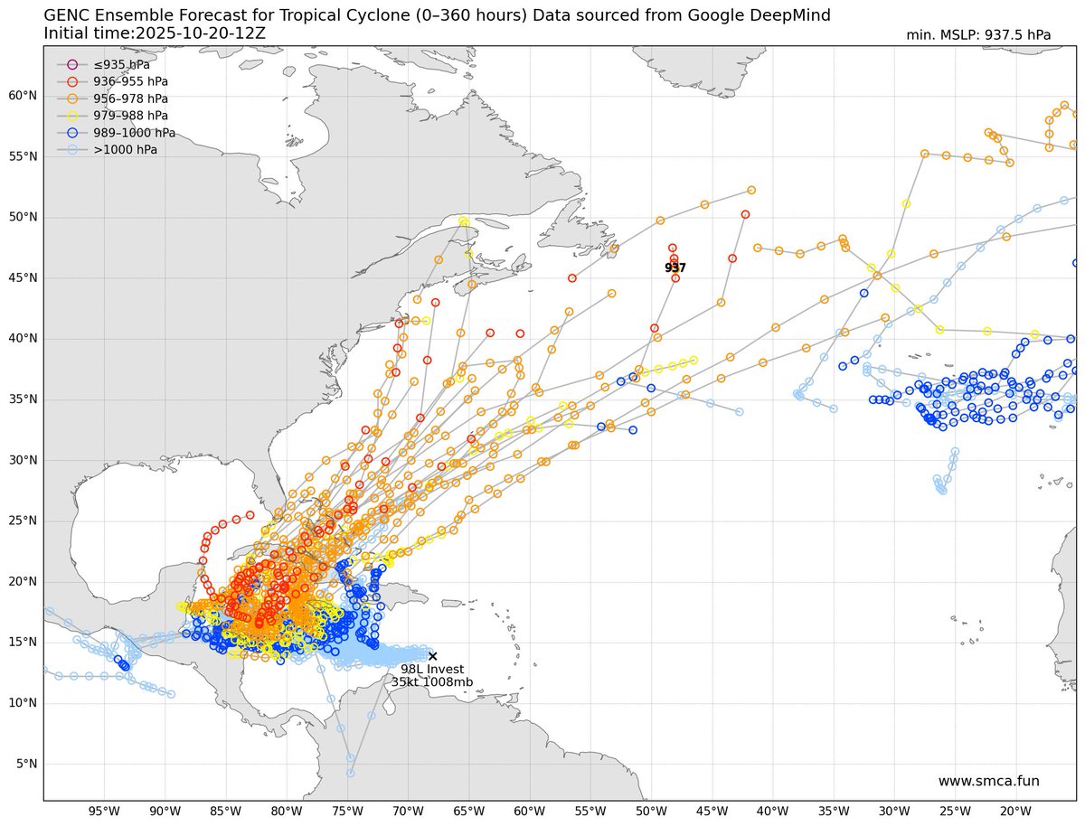 piyaaaaa53's tweet photo. Show the forecast model GENC. GENC thought hurricane #Melissa will move westward to approach Jamaica several days ago while the other models thought it will move northward and approach Haiti island. https://t.co/1RJmZIUhDD