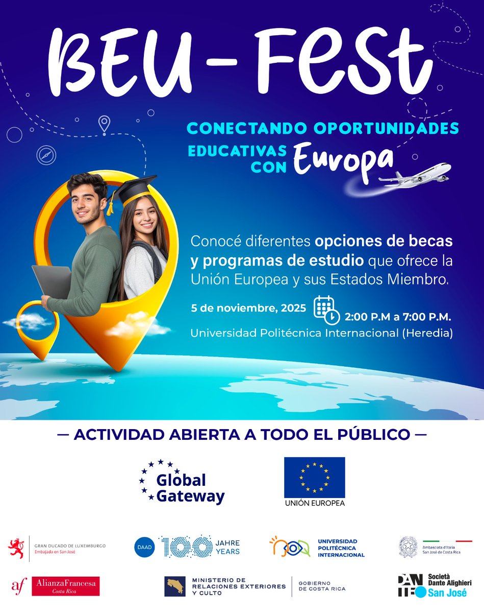 📚 Te invitamos a descubrir nuevas oportunidades académicas en BEU-Fest: Conectando Oportunidades Educativas con Europa.

📅 Fecha: Miércoles 5 de noviembre de 2025
⏰ Horario: 2:00 p.m. - 7:00 p.m.
📍 Lugar: Universidad Politécnica Internacional (UPI)