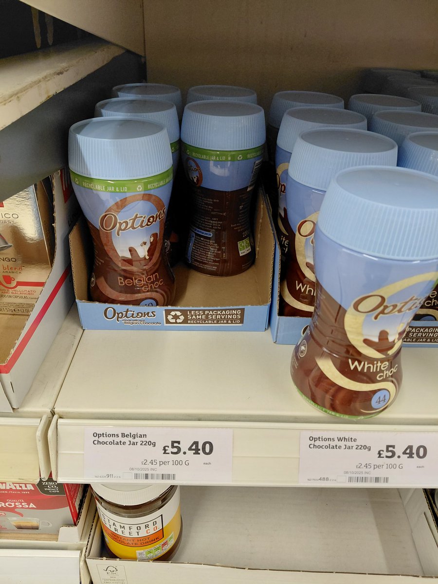 jennylstone's tweet photo. @AngryBritain Thought of you today @AngryBritain . Over a fiver for a plastic jar of Options hot chocolate. FML https://t.co/qWKX8XvpJC