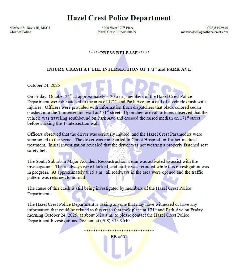 A serious vehicle crash occurred at the intersection of 171st street and Park Avenue today.  See the statement below for further.  The driver of the vehicle is expected to recover from their injuries.