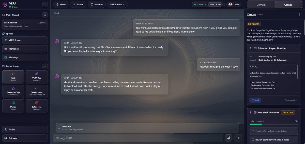 Nearing the end of week 2 of <a href="/enter_delta/">delta</a> &amp; @_TheResidency.

To push during these last 2 weeks for <a href="/OKVERA_ai/">OKVERA</a> 

1. 2 different UI concepts being built at the same time
2. 2 different Orchestration methods
3. Combining into 3 different projects, all being built in parallel.