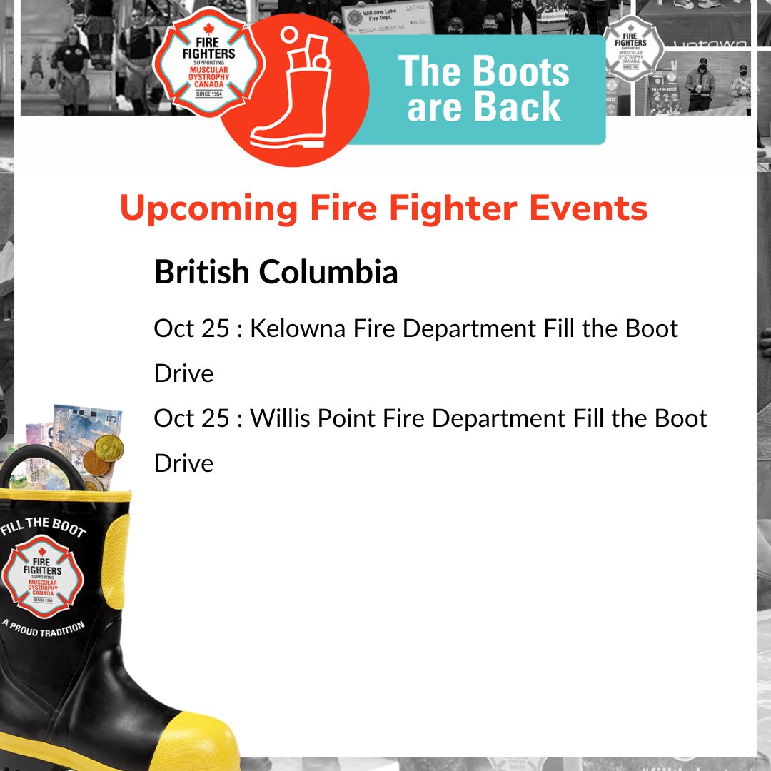 MD_Canada's tweet image. This Saturday, Fire Fighters in British Columbia are hosting #FillTheBoot drives to raise critical funds and awareness for Muscular Dystrophy Canada. Come, #FillTheBoot in your area, and help our Fire Fighter partners break down barriers for Canadians affected by…