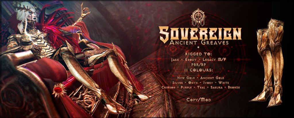 Out now at The Warehouse Sale is Sovereign - Ancient Greaves; elegant, armoured boots rigged to Jake, Legacy M/F, &amp; Ebody, coming in 11 colours. Please try the demo to ensure fit. 10% off at the event! 

Taxi: maps.secondlife.com/secondlife/Rot…

Preview: flic.kr/p/2rAbKQn