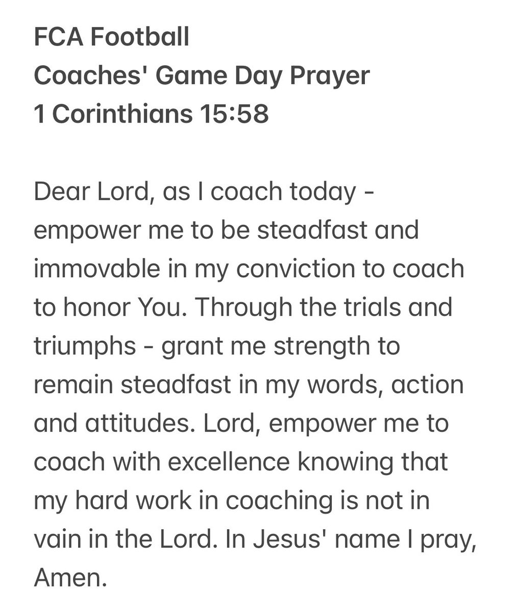 FCA Football Coaches Game Day Prayer for those coaching on this Fall Football Friday night.