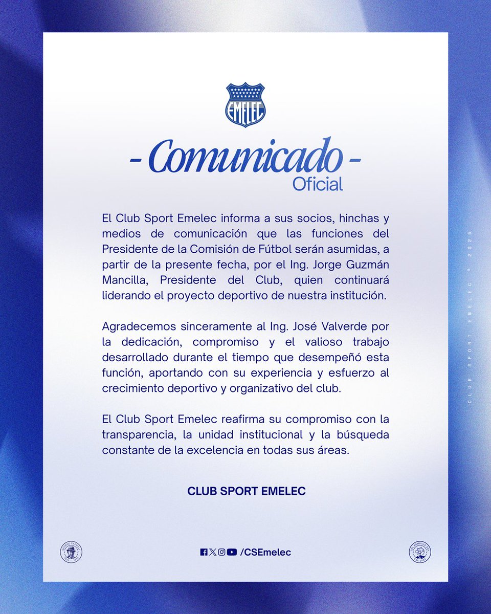 El presidente del CS Emelec, Jorge Guzmán, asumirá las funciones de la Comisión de Fútbol del club tras la salida de José Valverde.

La decisión llega en un momento complicado para el equipo, con jugadores que han dejado de entrenar por atrasos salariales.