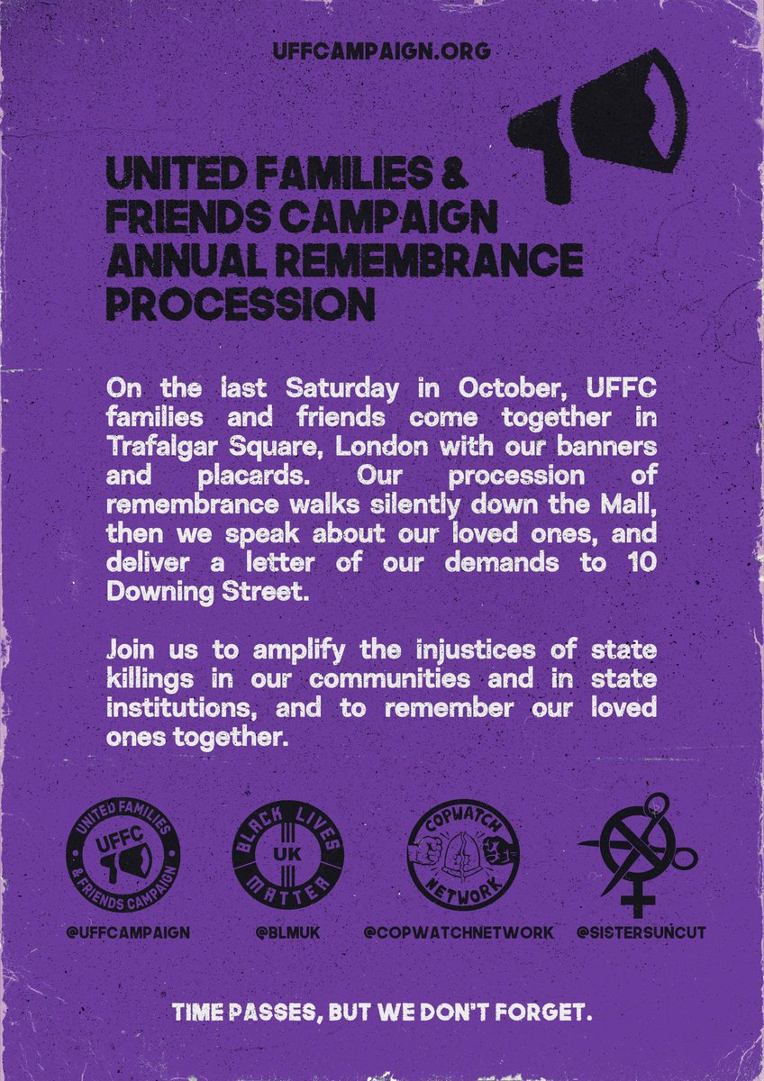 We'll soon be heading into town and look forward to you joining us - in perseverance, in remembrance, in solidarity 💜✊🏿🖤

📍Trafalgar Square
🗓️ Today
🕛 12 Noon

#NoJusticeNoPeace   Graphic by Benji.Human