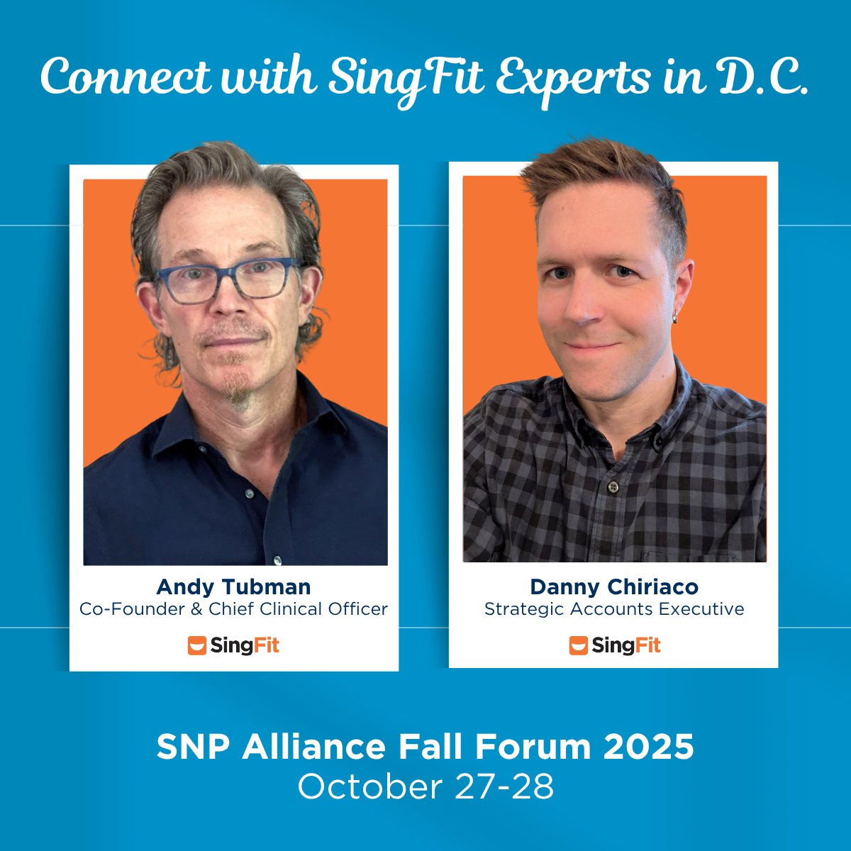 We’re headed to the SNP Alliance Fall Forum! SingFit's Andy Tubman &amp; Danny Chiriaco are excited to connect, learn &amp; share how SingFit brings therapeutic music into coordinated, quality care for those who need SNP levels of support. 🎶 #SNPAlliance #SpecialNeedsPlans #SingFit