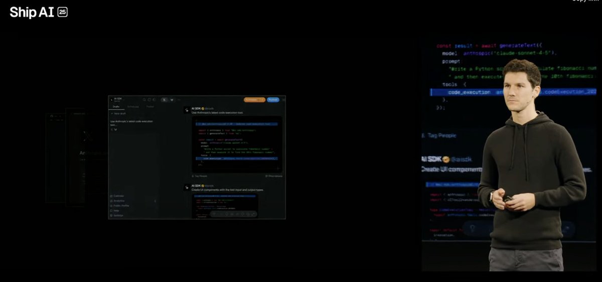 Typefully on stage at Vercel Ship AI 2025 🔥

Thanks for the mention <a href="/nicoalbanese10/">Nico Albanese</a> and also for all the help on our upcoming AI features 🙌