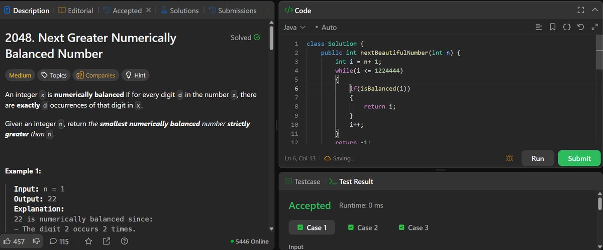hibala93's tweet image. 🚀 Day 54/100 #100DaysOfCode
✅ Count Primes till N
✅ Remove Nth from End & Reverse Linked List
✅ Next Greater Numerically Balanced Number
#LeetCode #BuildInPublic #DevCommunity #LearnInPublic
