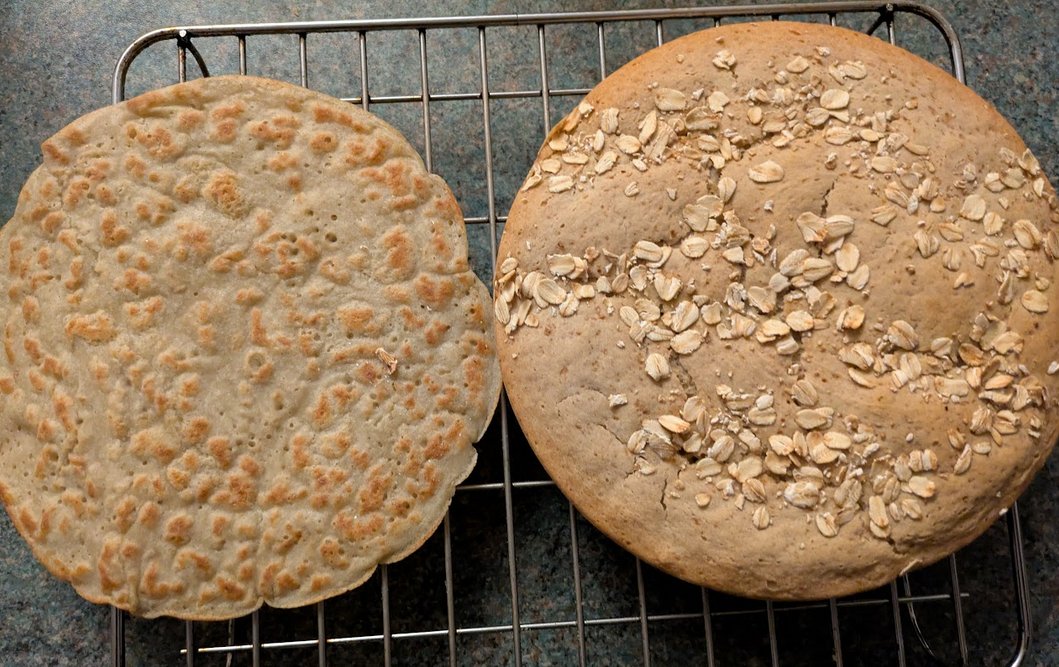gf sandwich-tin loaf and a pancake made with scrapings of leftover dough