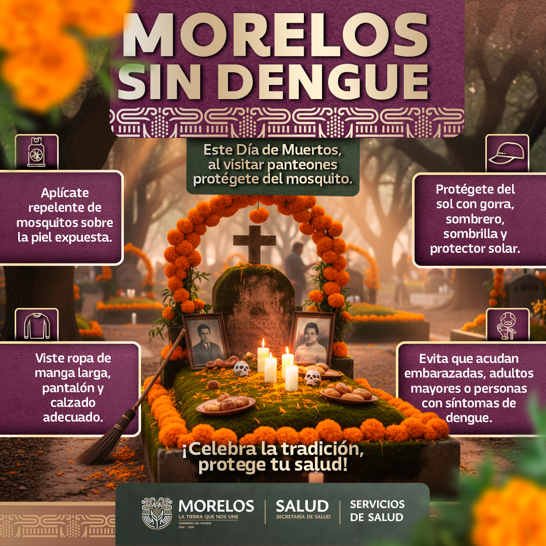 🪦🌼 Durante tu visita al panteón en Día de Muertos, cuida tu salud.
✅ Evita dejar floreros con agua, utiliza arena húmeda para mantener las flores frescas. ✅ Retira envases, veladoras y recipientes que puedan acumular agua. ✅ Usa repelente y ropa que cubra brazos y piernas.🦟