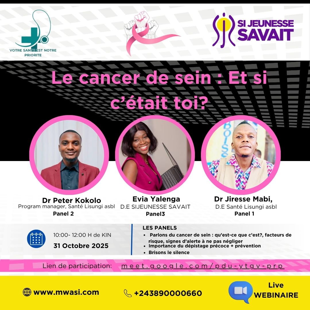 #OctobreRose , 🎗️🎗️🎗️
WEBINAIRE SUR GOOGLE MEET
Pour Sensibiliser sur les facteurs de risque, les signes d’alerte , l'importance du dépistage précoce, et la prévention du cancer de sein et du col de l'utérus.
Si Jeunesse savait et Santé Lisungi asbl organisent un webinaire.
Date