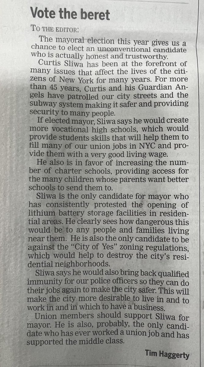 Vote the beret - The Chief
share.google/ZdTFkl1ixyucOq…
"Union members should support Sliwa for mayor.  He is also, probably, the only candidate who has ever worked a union job and has supported the middle class. "
-Tim Haggerty <a href="/CurtisSliwa/">Curtis Sliwa</a> <a href="/TheChiefLeader/">The Chief</a> <a href="/UFANYC/">FDNY UFA</a> <a href="/UFOA854/">UFOA 854</a>