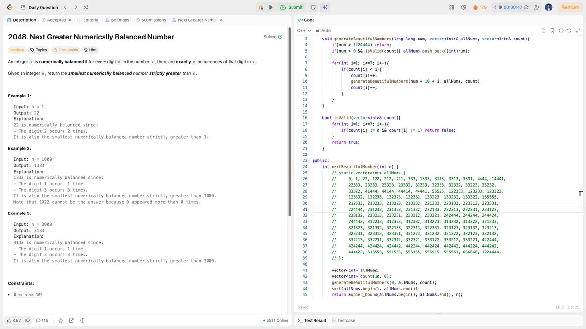 me_sajeeb's tweet image. 🔢 LeetCode Daily: Next Greater Balanced Number
Backtrack to generate all ~100 balanced numbers, then binary search! Generate once, query instantly
⚡ O(1) queries after generation 
🎯 Only ~100 valid numbers exist 
💡 Pre-computation &amp;gt; checking
#LeetCode #CPlusPlus #Backtracking