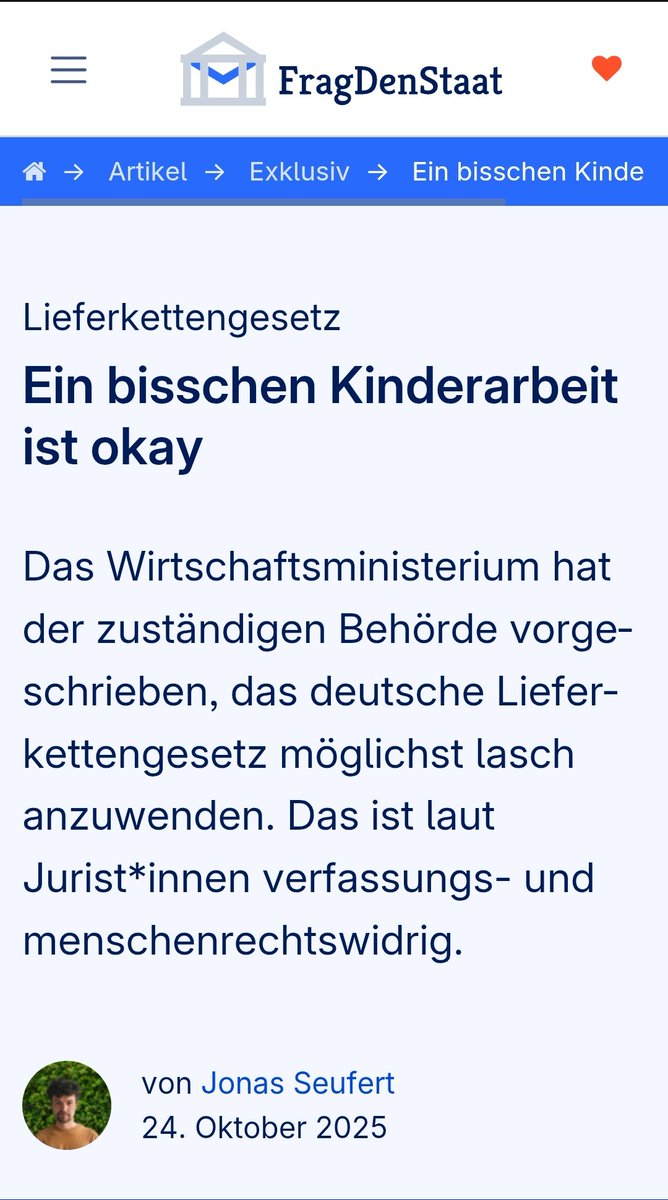 TinasBunte_Welt's tweet image. Der Artikel von FragDenStaat ist ziemlich brisant – u er legt ein ernstes Problem offen: das Wirtschaftsministerium soll das Lieferkettengesetz per interner Weisung faktisch außer Kraft gesetzt haben, ohne dass der Bundestag dem zugestimmt hat.

Wenn die Berichterstattung stimmt,
