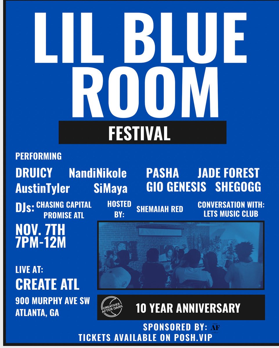 BigJocATL's tweet image. Blue Room Fest 2 Weeks Away! 💙

Live Painting + Live Music 💙

11/7 • Sounds By @ChasingCapital • @xanborghini • @ATLPromise 

Performances By @DruicyD @_giogenesis @shegogg @iamjadeforest @autyhours @nandimfnikole + More! 

RSVP - posh.vip/e/blue-room-fe…