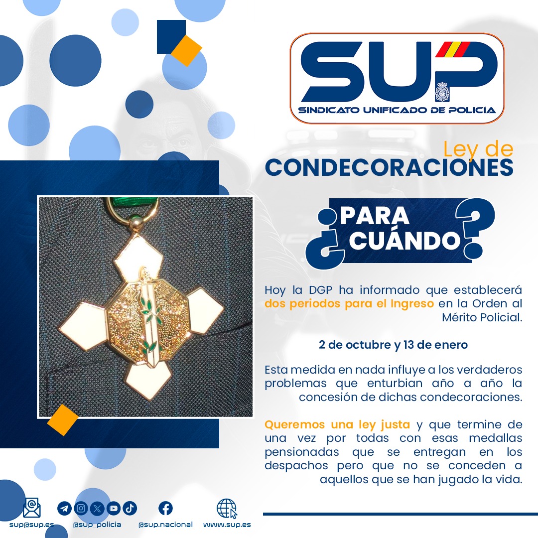 La DGP ha comunicado que, a partir de ahora, se establecerán dos periodos ordinarios para el ingreso en la Orden al Mérito Policial: el 2 de octubre y el 13 de enero.
Desde nuestra organización consideramos positivo que se estructuren los plazos de concesión, pero recordamos que