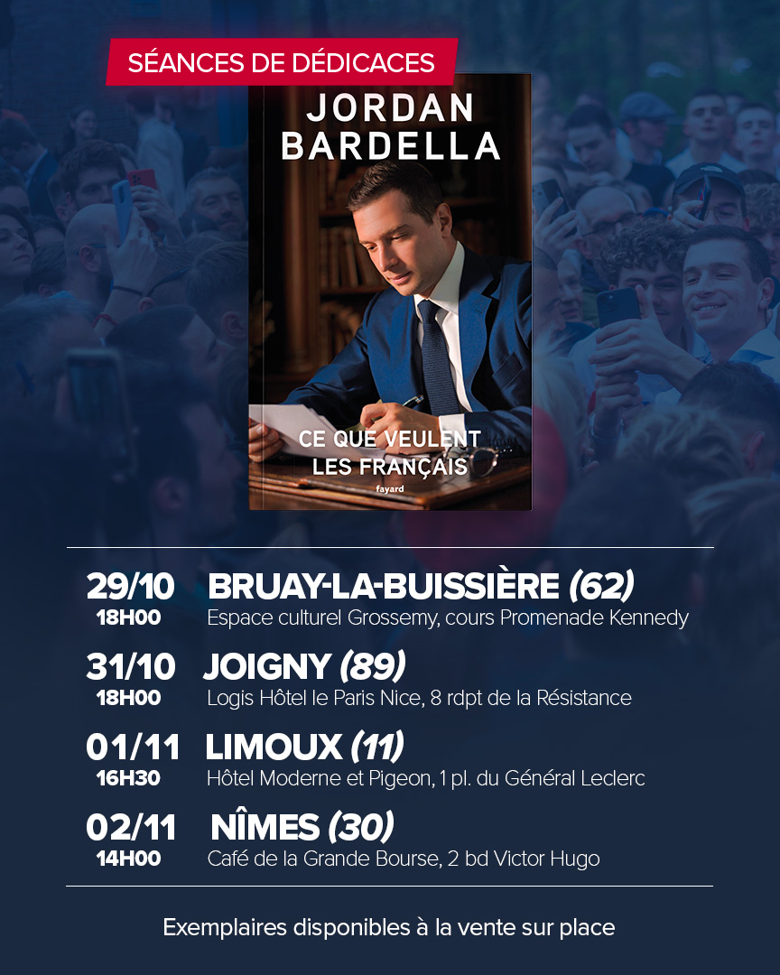 🔵 La semaine prochaine, <a href="/J_Bardella/">Jordan Bardella</a> vous donne rendez-vous dans le Pas-de-Calais, l’Yonne, l’Aude et le Gard pour ses premières séances de dédicaces de « Ce que veulent les Français » !

📍 29/10 - Bruay-la-Buissière (62)
📍 31/10 - Joigny (89)
📍 01/11 - Limoux (11)
📍 02/11 -