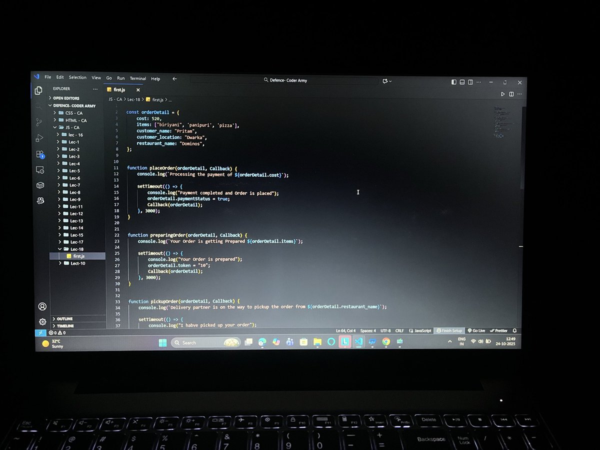 PriTamManna_18's tweet image. #Day33 of #DefenceChallenge🚀

📚Today’s Learning: Callback Hell in JS:—
✅JS is single-threaded-&amp;gt;uses callbacks for async tasks
✅Exists when callbacks depend on each other→deep nesting
✅major problems caused by callback hell
✅ Solved using Promises &amp;amp; Async/Await

#WebDev #JS