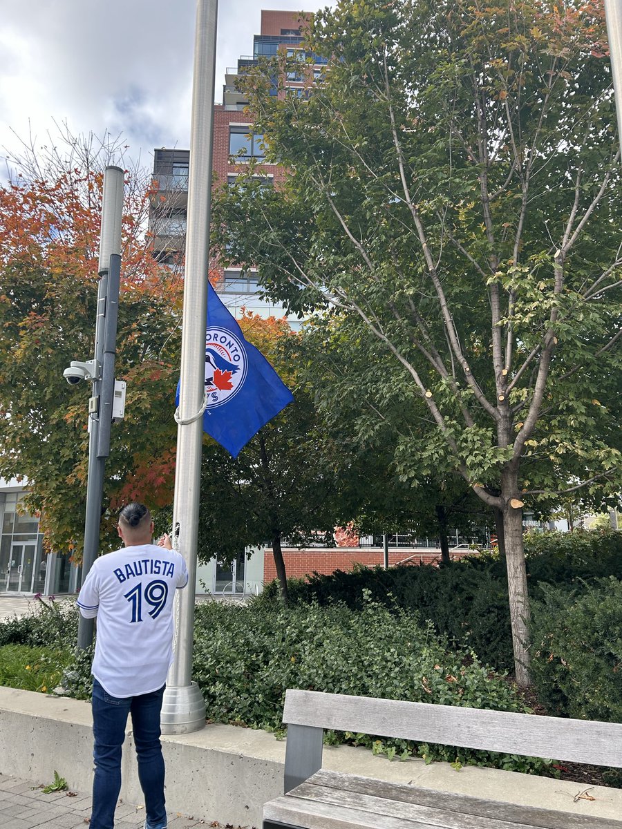 Today, #AjaxCouncil and Town staff came together to celebrate the <a href="/BlueJays/">Toronto Blue Jays</a> advancing to the World Series marked with a special flag raising at Pat Bayly Square!

Continue cheering on our home team by joining us for Blue Jays Watch Parties in Council Chambers at Ajax Town Hall