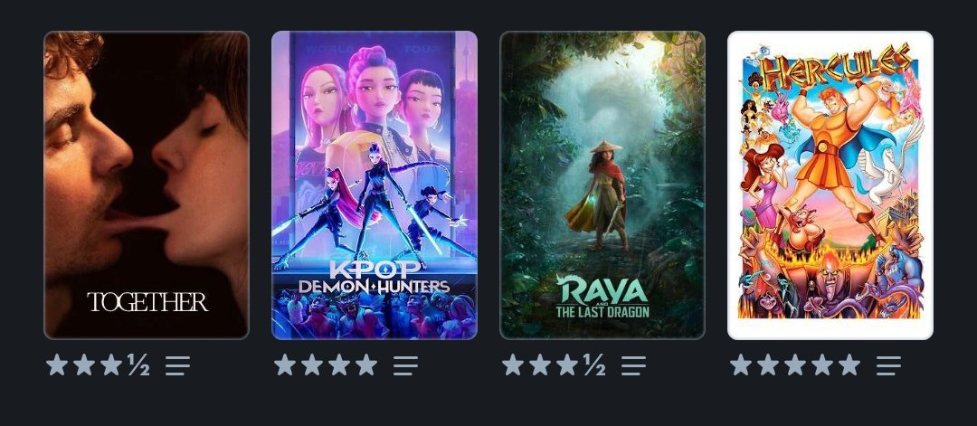 #LetterboxdFriday
#lastfourwatched 

Claramente fue una semana RARA jajaja buena peli de terror, el vicio de Kpop, Raya porque la tenía pendiente y la mejor película animada de Disney SIN NINGUNA DUDA