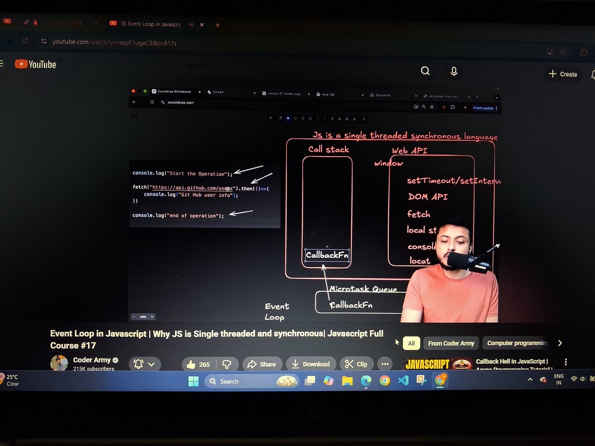 MdAnas_03's tweet image. Day 32 🧠 Ever wondered how JavaScript handles async tasks like setTimeout() or API calls — if it’s single-threaded? 🤔
Dive deep into the Event Loop, Call Stack, Web APIs, and Callback Queue in this 45-min masterclass
#JavaScript #WebDevelopment #AsyncJS #EventLoop #FrontendDev