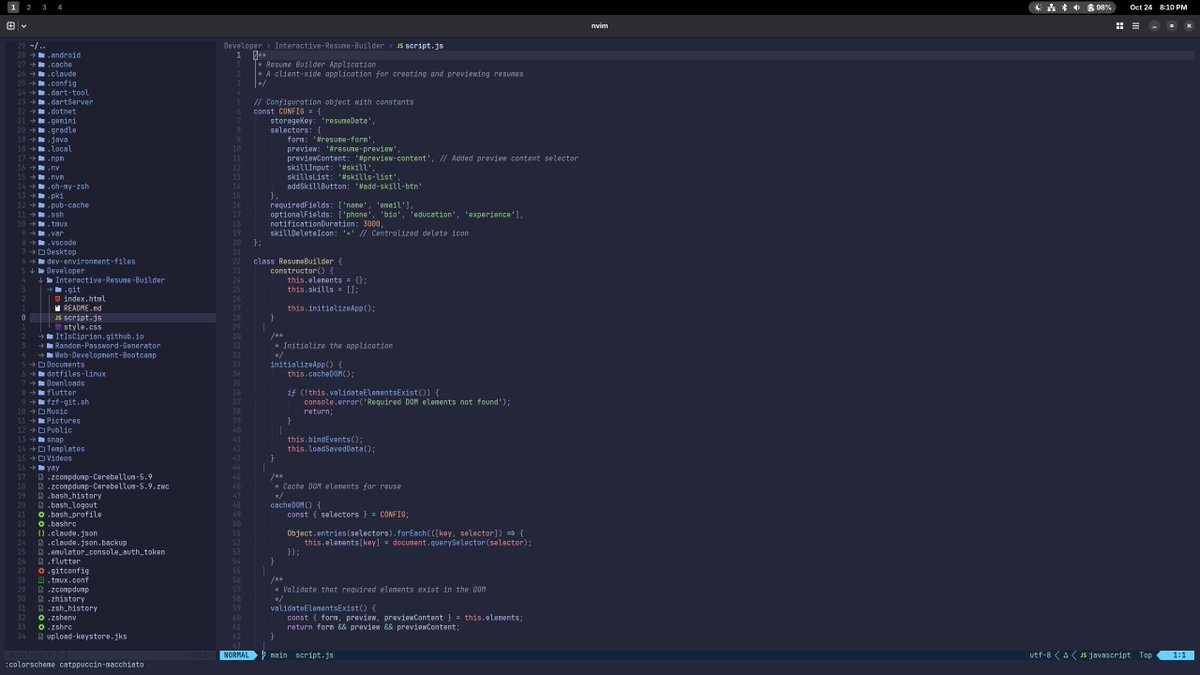 ItisCiprian's tweet image. Day 202: Code &amp; Design! 🚀Crafting with #JavaScript &amp; #CSSTyping #TypeScript #Lua Organizing with #Notion &amp; #Todoist Creating in #Figma Coding via #Nvim &amp; #tmux Enhancing workflow with #ZenBrowser &amp; #Nvim. UI Bliss by #catppuccin #Tmux #ghostty Interactive Resume Builder