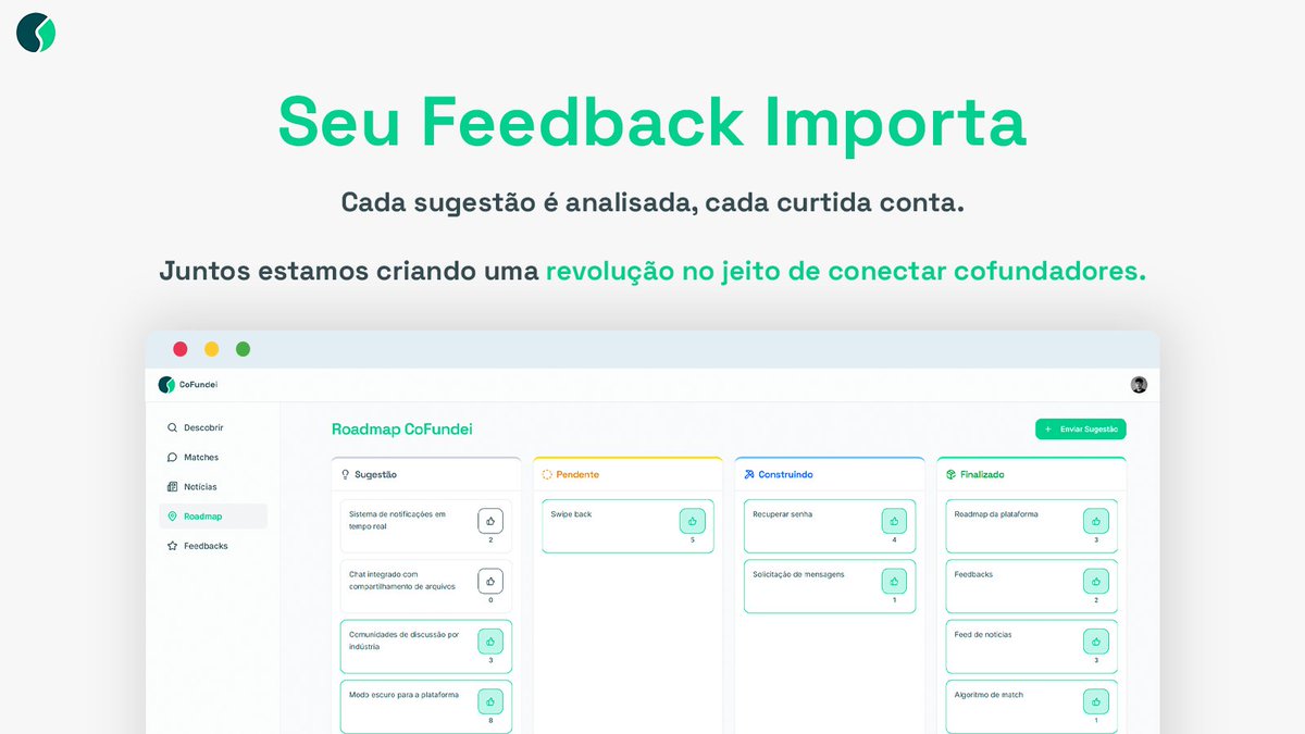 cofundei's tweet image. Cansado de dar feedback e nunca saber o que aconteceu depois? Na CoFundei é diferente: sugestão → pendente → construindo → finalizado. 

Você vê sua ideia ganhar vida. Transparência total. 💚

Acesse cofundei.com e comece a construir conosco.