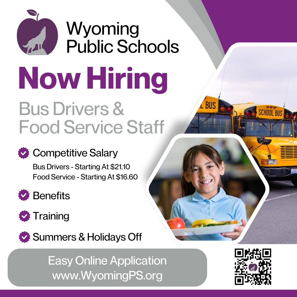 WolvesWps's tweet image. Wyoming Public Schools is now hiring Bus Drivers and Food Service team members! 🍎🚍💜

Apply today using our easy online application!
wyomingps.org/employment/

#WyomingWolves #BetterTogetherWPS