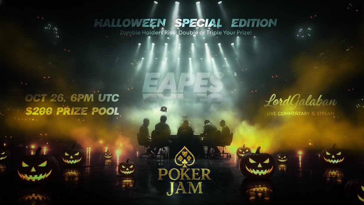 EAPESCLUB's tweet image. 🎃 EAPES Poker Jam - Halloween Edition 🎃
💀 The dead rise this Sunday at 6PM UTC 
💰 ~200 USDC prize pool (triple prizes for Zombie holders 🤑 
🧟♂️Special guests, live stream & ghost bounties
🎟️ Free to play : discord.gg/eapesclub
Vibe with the Tribe
⚠️ Log in to PokerNow…