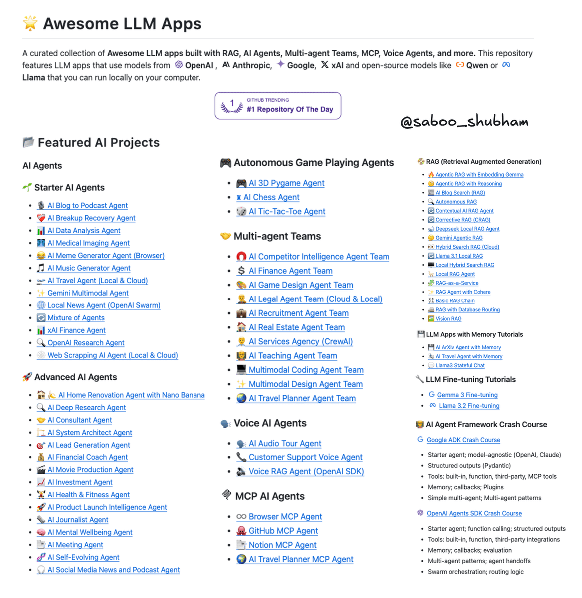 Saboo_Shubham_'s tweet image. Build AI agents this weekend.
> don’t write blogs
> don’t do slides
> write code
> and build things from scratch
100+ Opensource AI Agents and RAG apps (72k+ stars already)
GitHub: github.com/Shubhamsaboo/a…