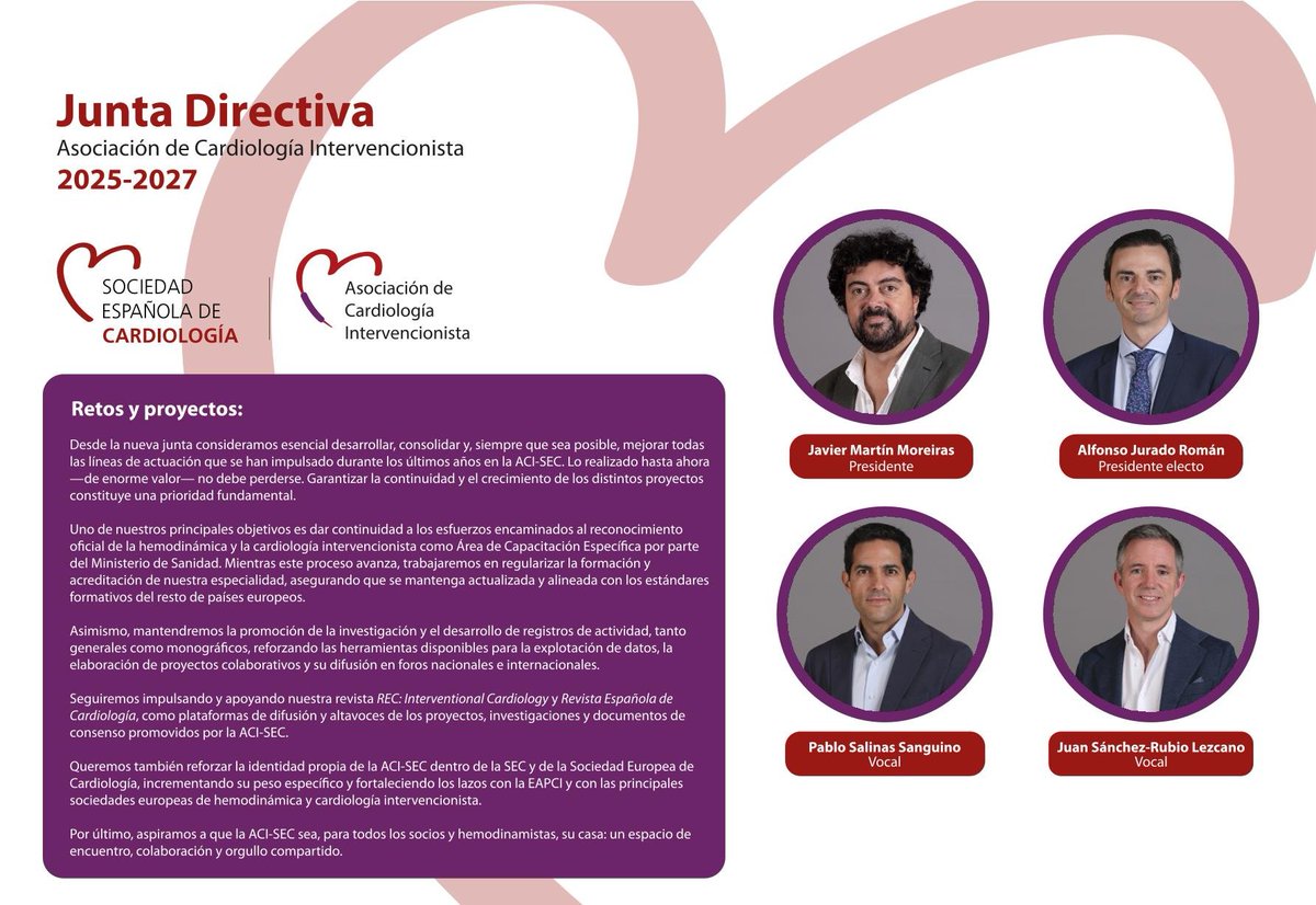 secardiologia's tweet photo. Nueva Junta Directiva de la Asociación de Cardiología Intervencionista de la SEC

📍Javier Martín Moreiras, presidente
📍Alfonso Jurado Román, presidente electo
📍Pablo Salinas Sanguino, vocal
📍Juan Sánchez-Rubio Lezcano, vocal

➕#SEC25 Leer más: https://t.co/BaIiqJ9Q2J https://t.co/ZuxVByXziA