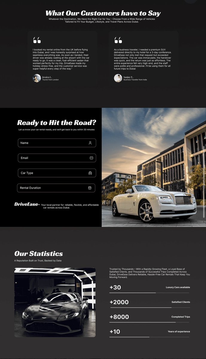 designwithkiki's tweet image. DriveEase – Car Rental Landing Page Concept
Explored a clean, modern, and premium look using deep shades of black and gray to reflect luxury, confidence, and simplicity.
Excited to keep improving and open to UI/UX design opportunities
#UIDesign #UXDesign #Figma #DesignCommunity