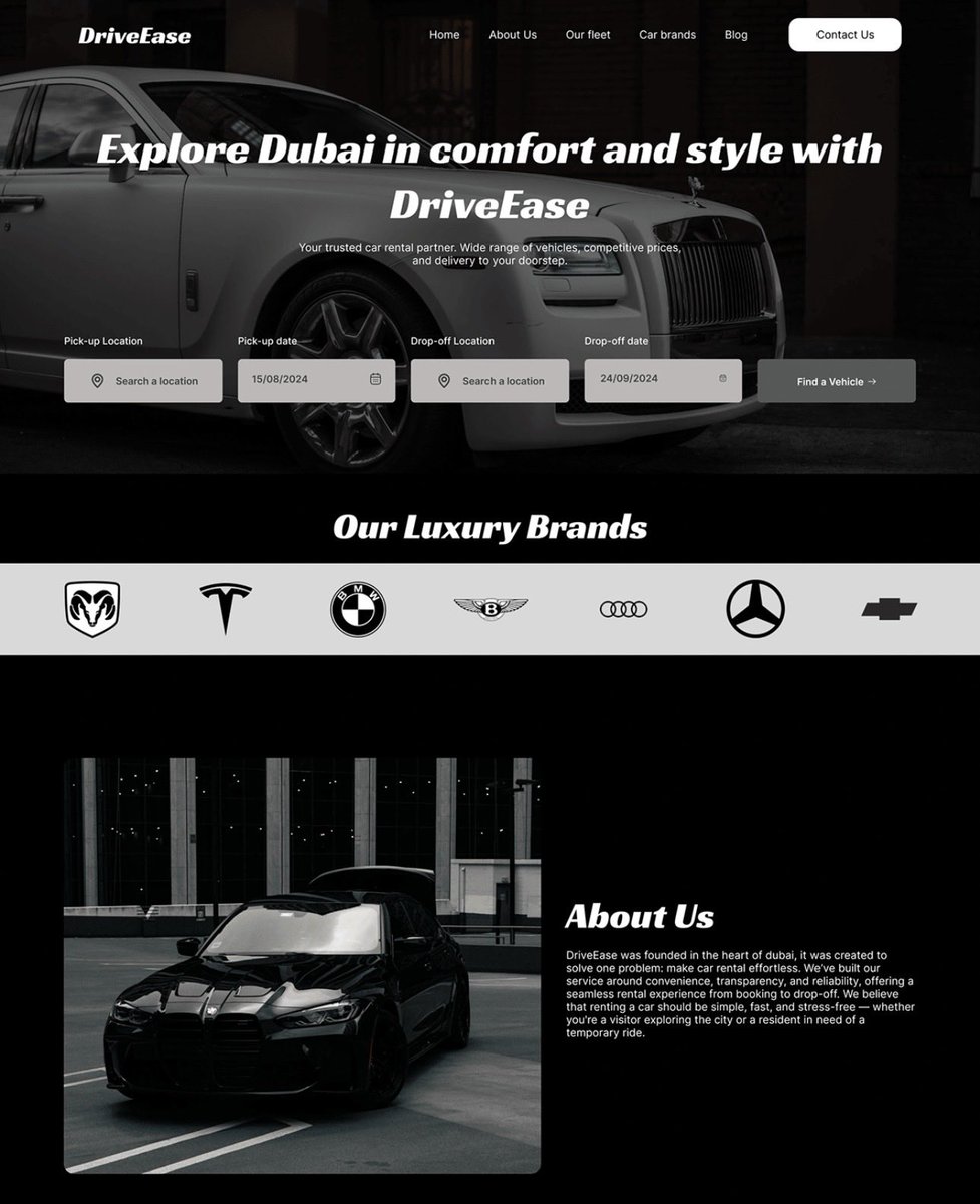 designwithkiki's tweet image. DriveEase – Car Rental Landing Page Concept
Explored a clean, modern, and premium look using deep shades of black and gray to reflect luxury, confidence, and simplicity.
Excited to keep improving and open to UI/UX design opportunities
#UIDesign #UXDesign #Figma #DesignCommunity