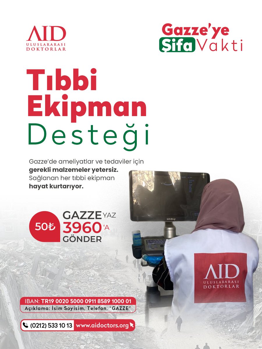 🇵🇸Gazze’ye Tıbbi Ekipman Desteği

İsrail’in saldırılarında Gazze’nin sağlık sistemi en büyük darbeyi aldı.
Hastaneler, doktorlar ve ambulanslar doğrudan hedef haline getirildi; birçok sağlık merkezi ve ekipman kullanılamaz durumda.

Gazze’nin yeniden ayağa kalkması için tıbbi