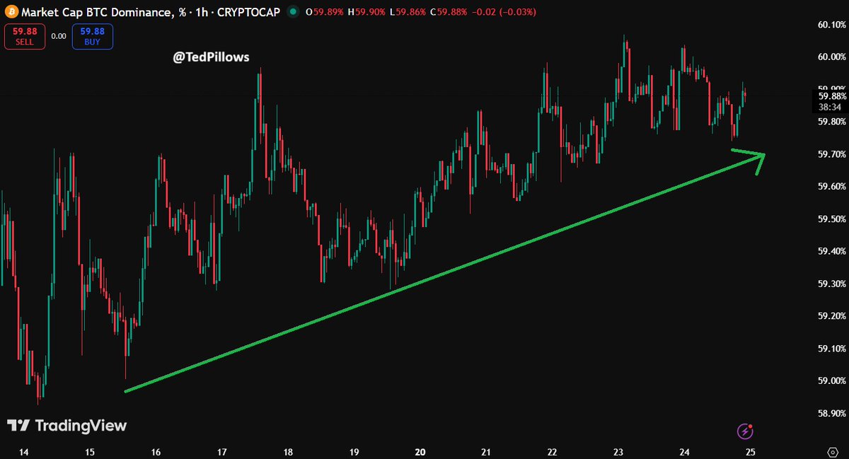 Bitcoin dominance has entered a short-term uptrend since the October 10th crash.

This is even more painful for Altcoin holders, as their bags are going down in both USD and $BTC terms.

As I said before, BTC dominance could climb towards the 61%-62% level before the next leg