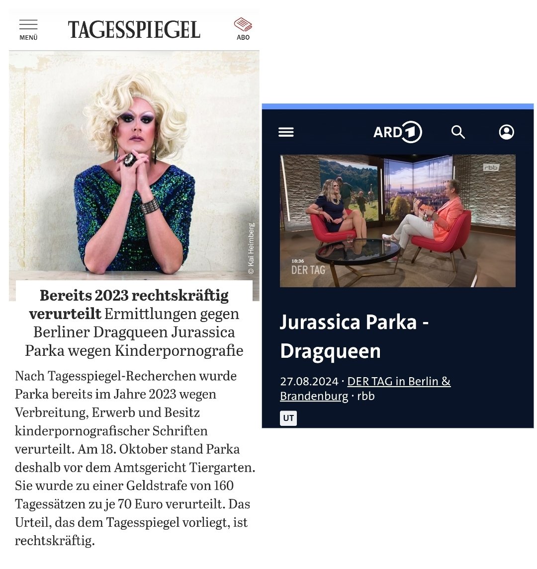 Jurassica Parka wurde 2023 wegen Kinderpornografie verurteilt. 2024 strahlte der RBB eine völlig unkritisch Doku samt Interview mit der Dragqeen aus. #OerrBlog