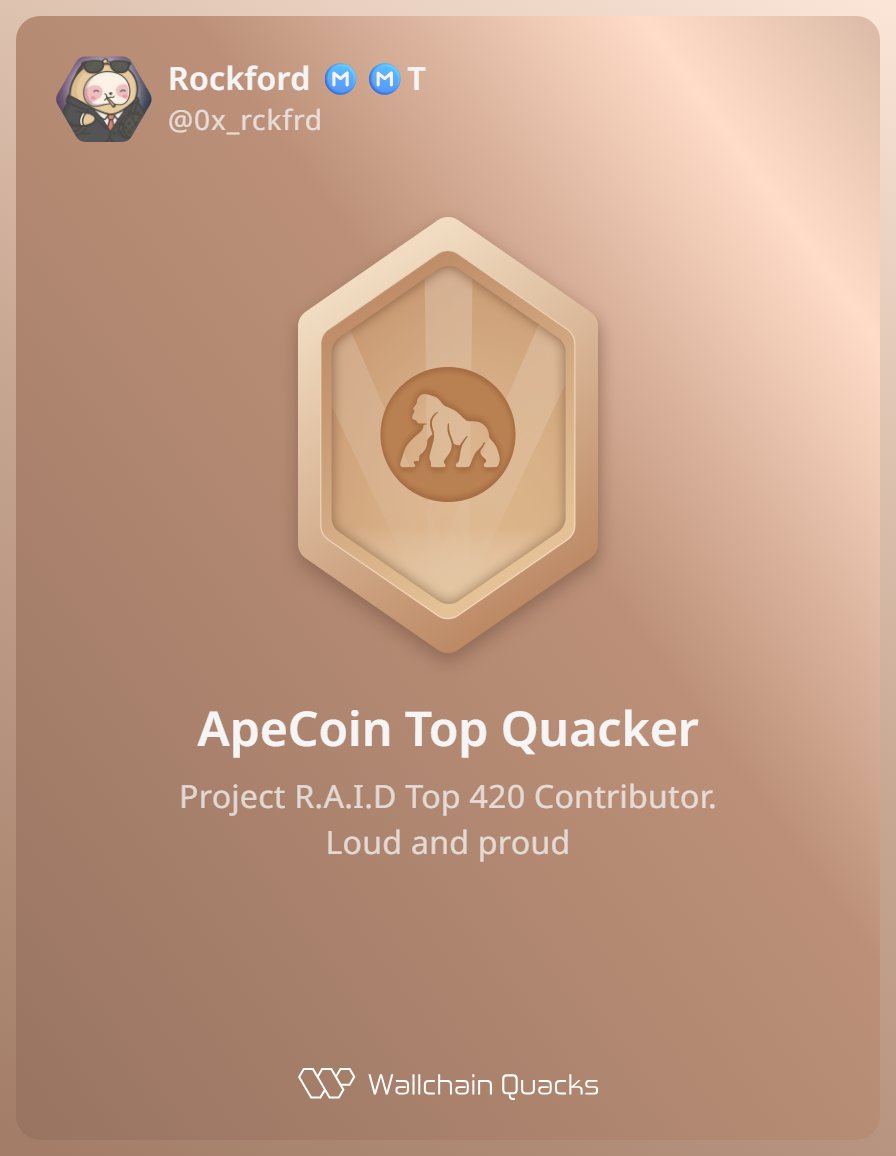 0x_rckfrd's tweet image. Just unlocked the ApeCoin Top Quacker on @wallchain 🏆
How cool is that?
Feels great to have my contributions recognized.
How’s Wallchain Quacks been treating you so far?
Not on board yet? Drop a comment for an invite 👇🦆 
Apecoin forever &lt;3