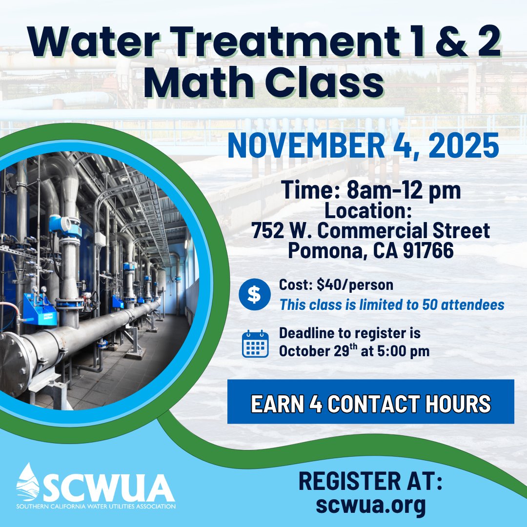 SCWUA's tweet image. 💧Water Treatment 1 & 2 Math Class on November 4th! - mailchi.mp/ecac638e7bca/r…