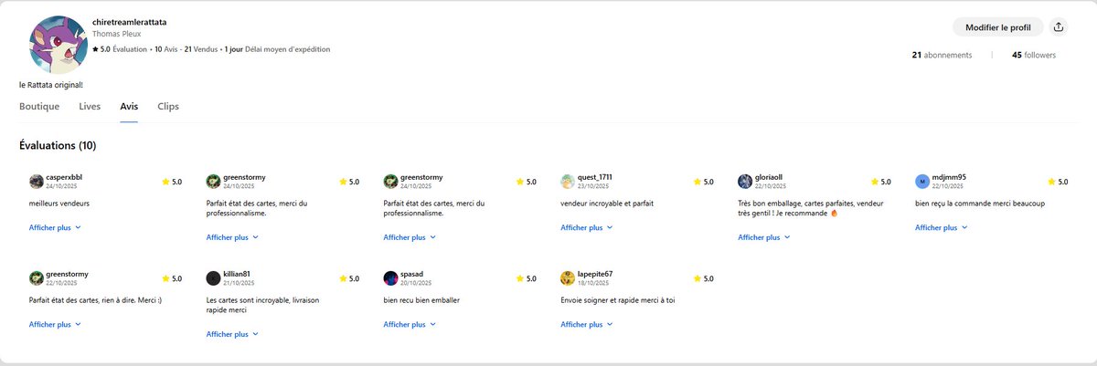 merci a tous pour vos avis sur whatnott je suis content de vous faire kiffer &lt;3

je refait un petit live ce soir en destockage de cartes YGO c'est pas cher histoire de me faire de la place : whatnot.com/live/e633f678-…