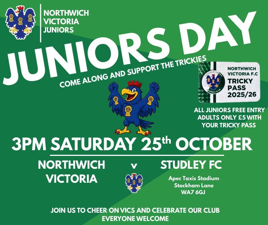 𝐉𝐎𝐈𝐍 𝐔𝐒 𝐓𝐎𝐌𝐎𝐑𝐑𝐎𝐖 𝐅𝐎𝐑 𝐉𝐔𝐍𝐈𝐎𝐑𝐒 𝐃𝐀𝐘!

Make sure you're down at the Apec Taxis Stadium tomorrow as we take on Studley FC.

𝐉𝐔𝐍𝐈𝐎𝐑𝐒 𝐅𝐑𝐄𝐄 &amp; 𝐀𝐃𝐔𝐋𝐓𝐒 £𝟓 𝐖𝐈𝐓𝐇 𝐓𝐑𝐈𝐂𝐊𝐘 𝐏𝐀𝐒𝐒!

#Vics | #Trickies | <a href="/MidlandLeague/">Capelli Sport Midland Football League</a>